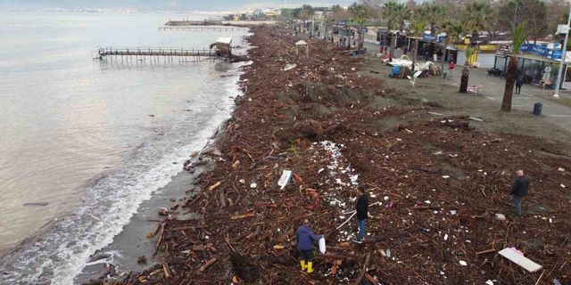 Altınkum sahili sel sonrası ağaç parçaları ve çöple doldu