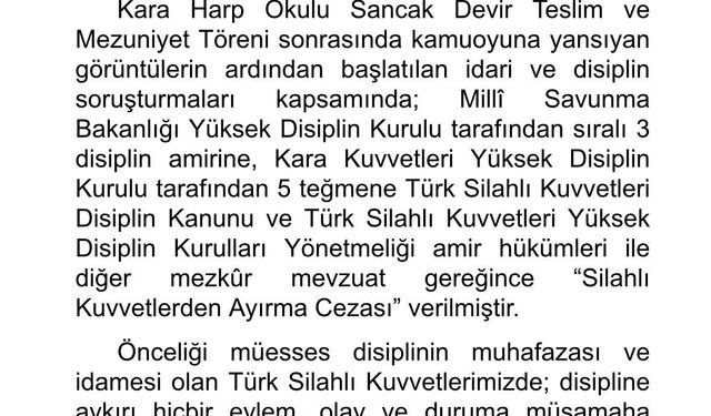 MSB: "5 Teğmen ve 3 sıralı amire ’Silahlı Kuvvetlerden Ayırma Cezası’ verildi"