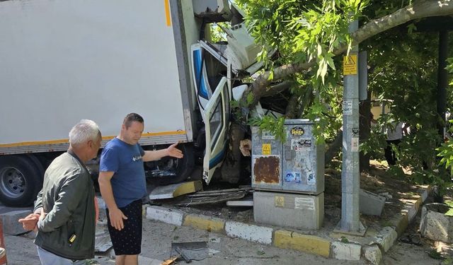Erdek Ocaklar’da kaza: Freni patlayan kamyon ağaca çarptı