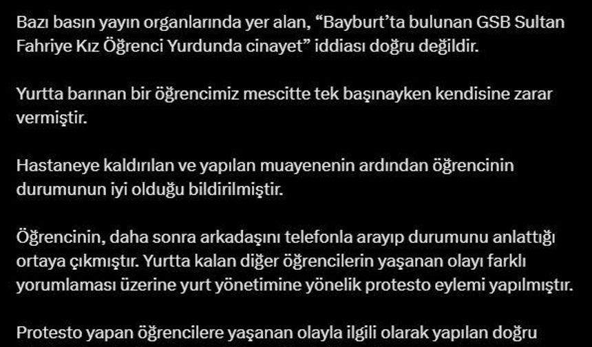 KYK'dan Bayburt’taki Olayla İlgili Açıklama