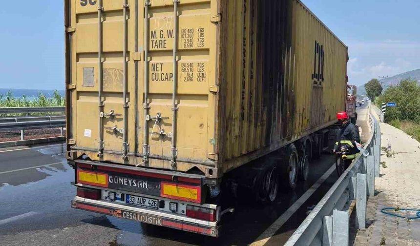 Kömür yüklü tırın lastiği patladı, çıkan yangın büyümeden söndürüldü