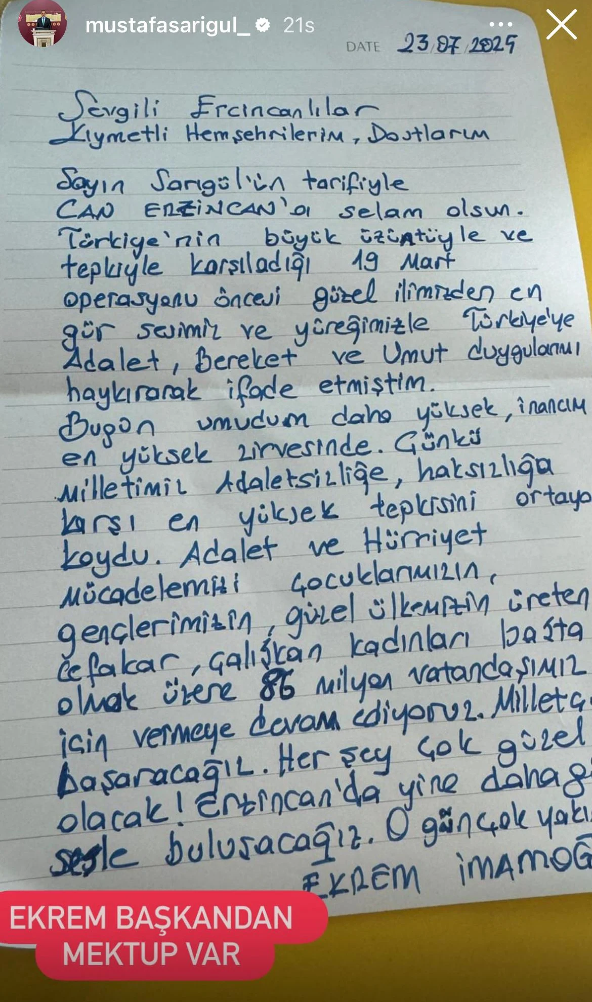 Ekrem İmamoğlu’ndan Erzincanlılara Selam2