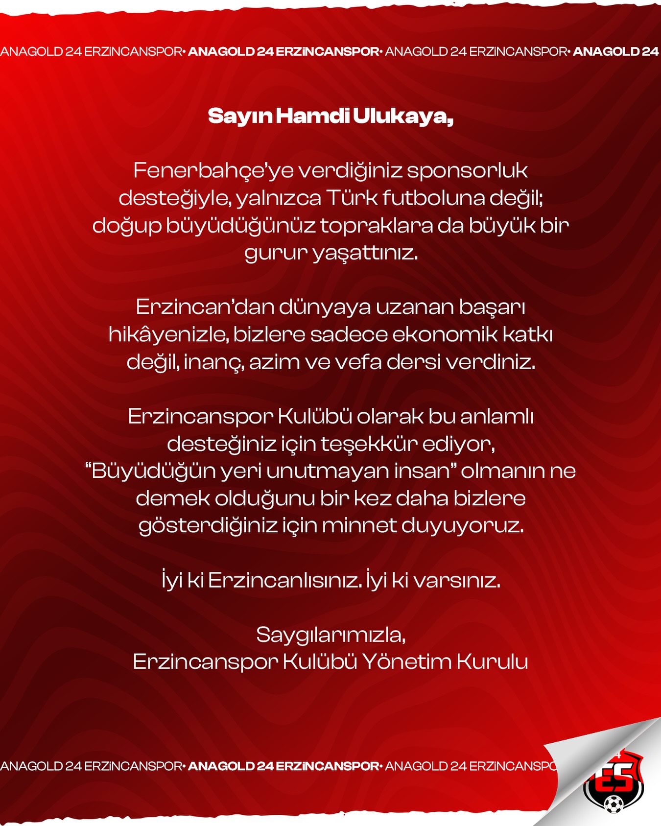 Erzincanspor’dan Hamdi Ulukaya’ya Olay Teşekkür2