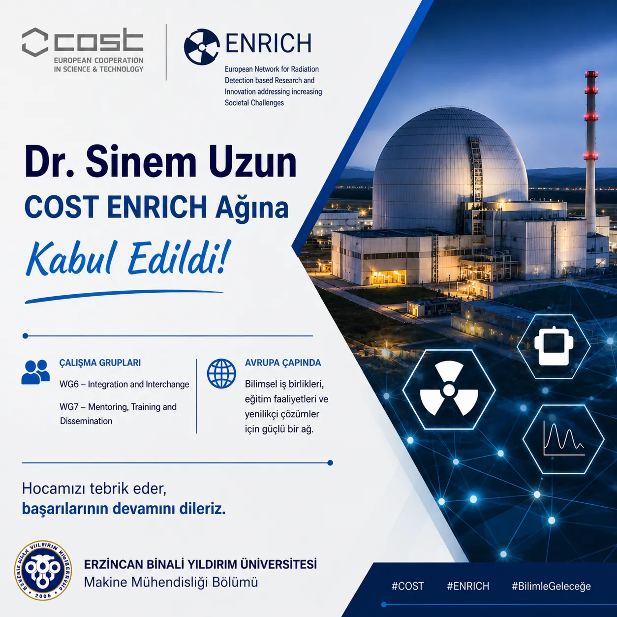 Erzincan Binali Yıldırım Üniversitesi Öğretim Üyesi Doç. Dr. Sinem Uzun, Avrupa’nın Prestijli Bilim Ağı Cost Kapsamında Yürütülen Enrich Aksiyonuna Kabul Edildi.